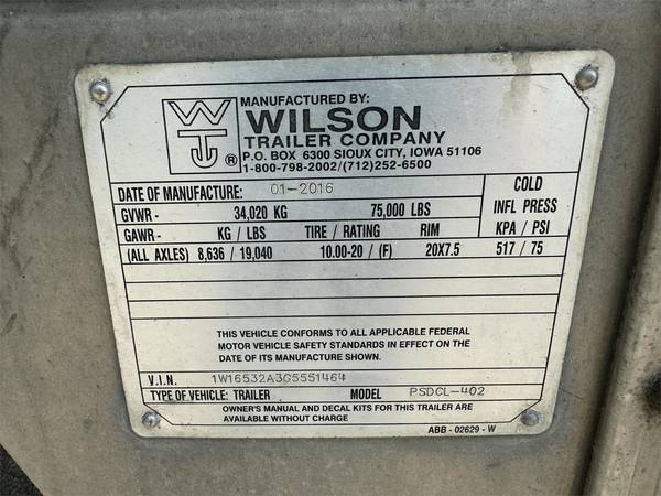 2016 Wilson psdl-402 53' spread axle silver star